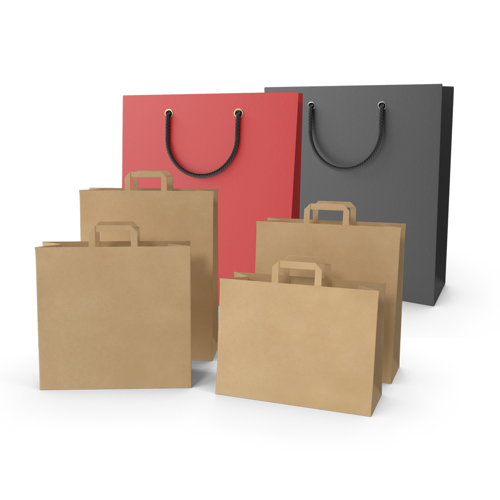 Mehrere Einkaufstaschen in unterschiedlichen Farben und Größen sind aufgereiht. Zwei Taschen haben Tragegriffe aus Kordel, während die anderen aus Papier sind. Das Bild vermittelt ein Einkaufs- und Verkaufsumfeld, passend für eine Agentur, die Shopify Shops erstellt.