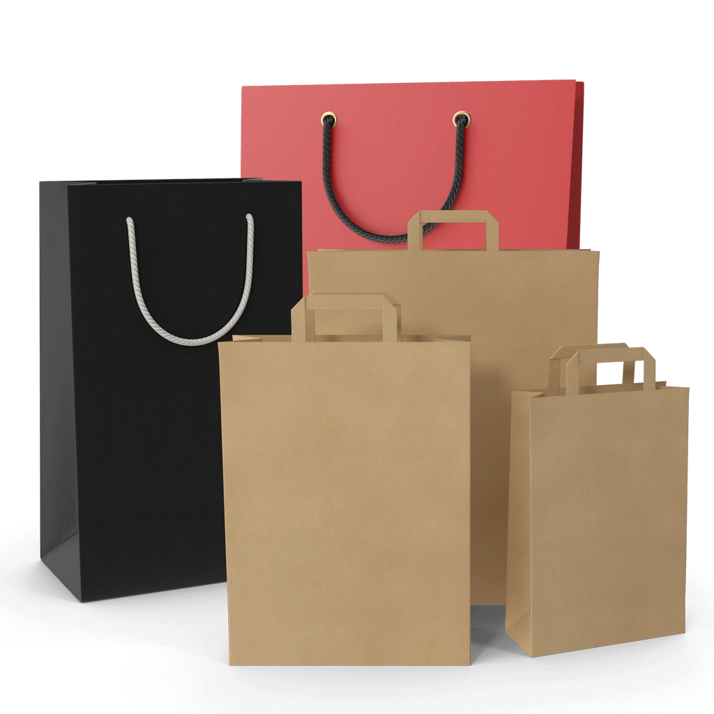 Mehrere Einkaufstaschen in unterschiedlichen Farben und Größen sind aufgereiht. Zwei Taschen haben Tragegriffe aus Kordel, während die anderen aus Papier sind. Das Bild vermittelt ein Einkaufs- und Verkaufsumfeld, passend für eine Agentur, die WooCommerce Shops erstellt.